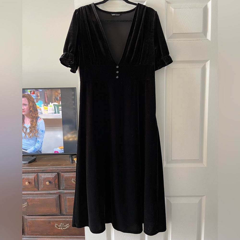 Velvet midi dress with deep V neckline